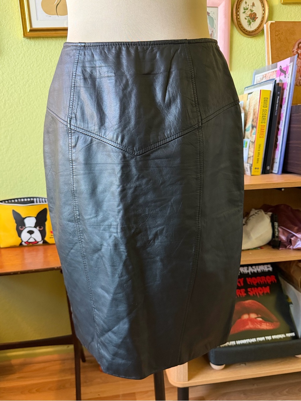 Vintage 80s Berman’s Black Leather Pencil Skirt, Made in Korea, Size 12